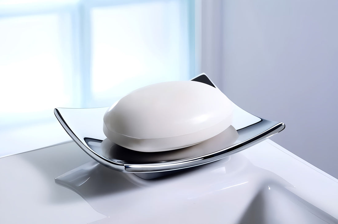 Hypoallergenic soap on a clean chrome dish, illustrating skin-safe bathing supported by a bathtub water filter